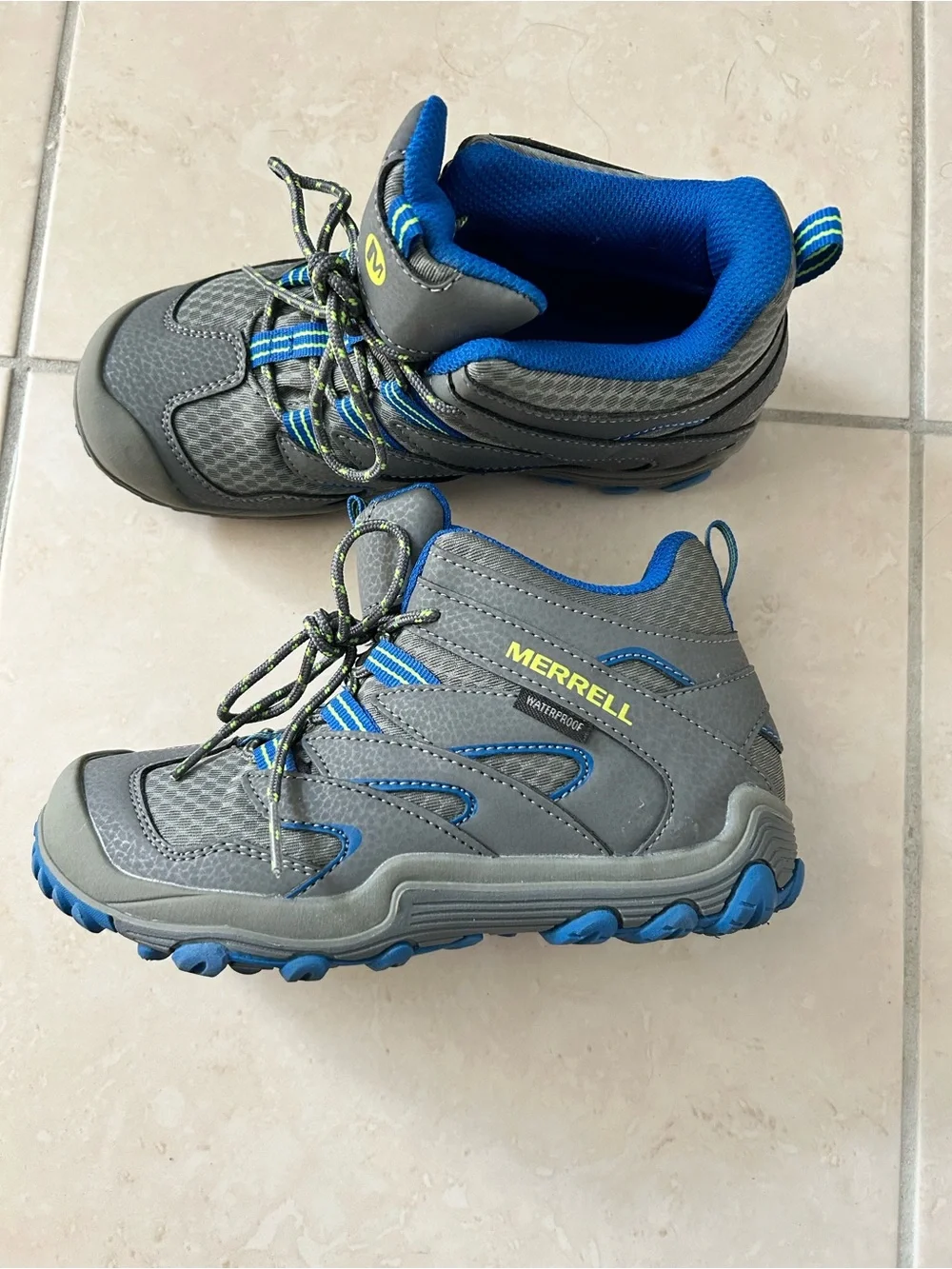 Merrell Kids Gray and Blue Hiking Boots with Lime Accents